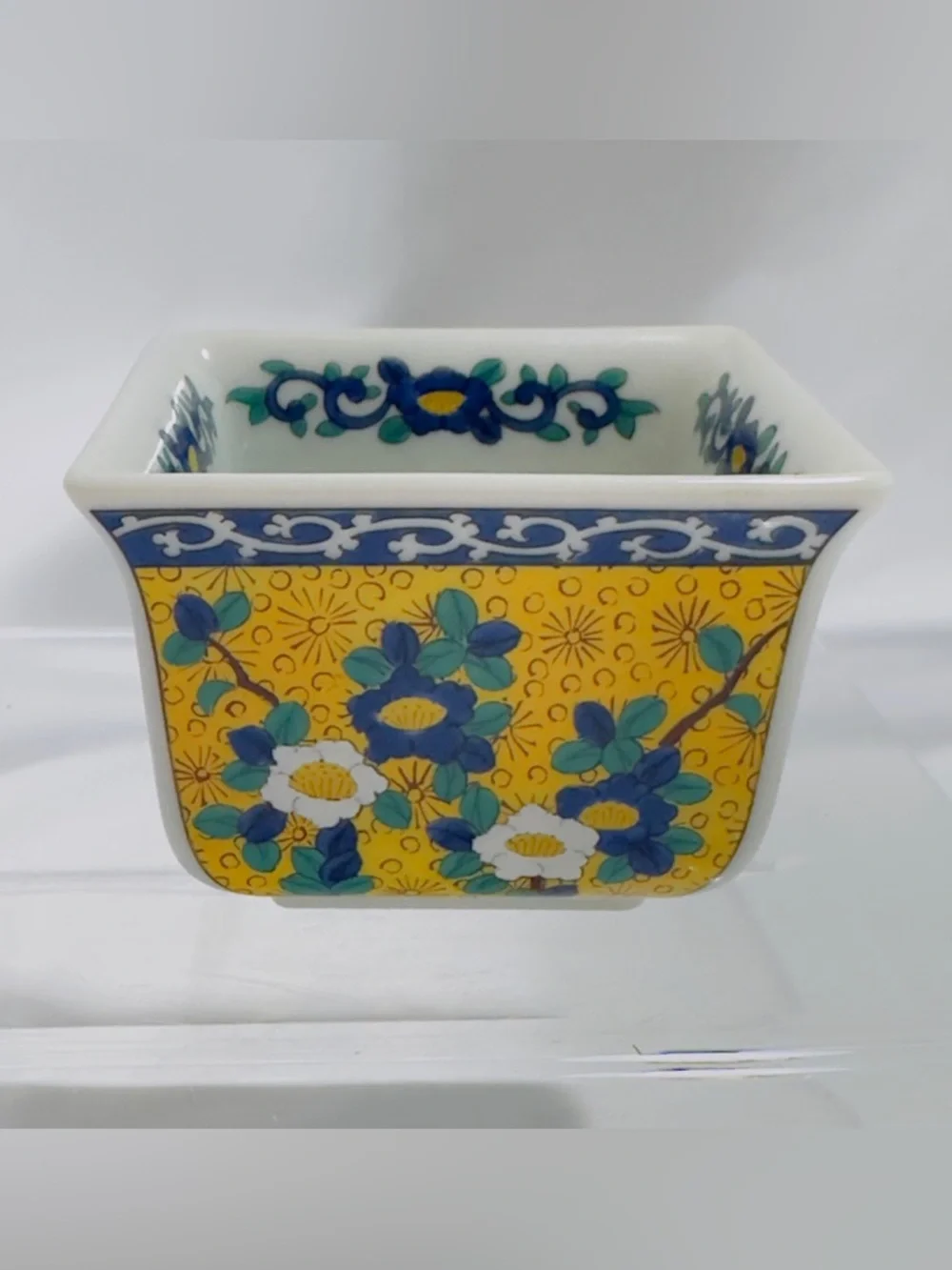 Takahashi Kutani Miniature Bowl Planter Hand Painted Yellow & Cobalt Blue w Bird